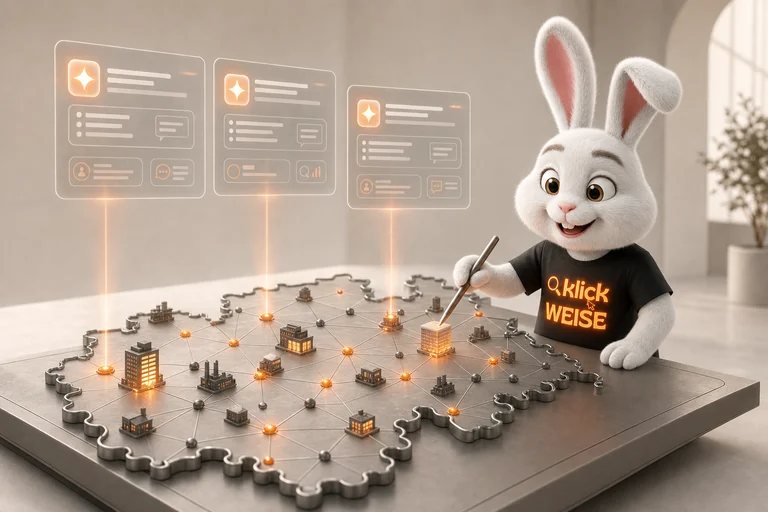 Klickweise-Maskottchen visualisiert KI-Sichtbarkeit NRW in einer eigenständigen Mess- und Analyseszene.